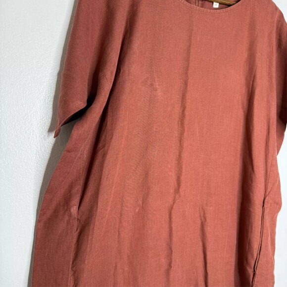 Eileen Fisher Brown Shift Dress Medium Organic Linen Minimalist Relaxed Fit - Picture 5 of 9